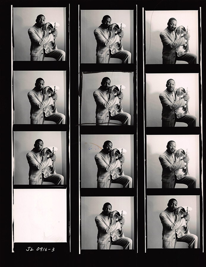 Contact sheet of Wynton Marsalis, one of Lowe’s renowned series of jazz portraits. © The Estate of Jacques Lowe.