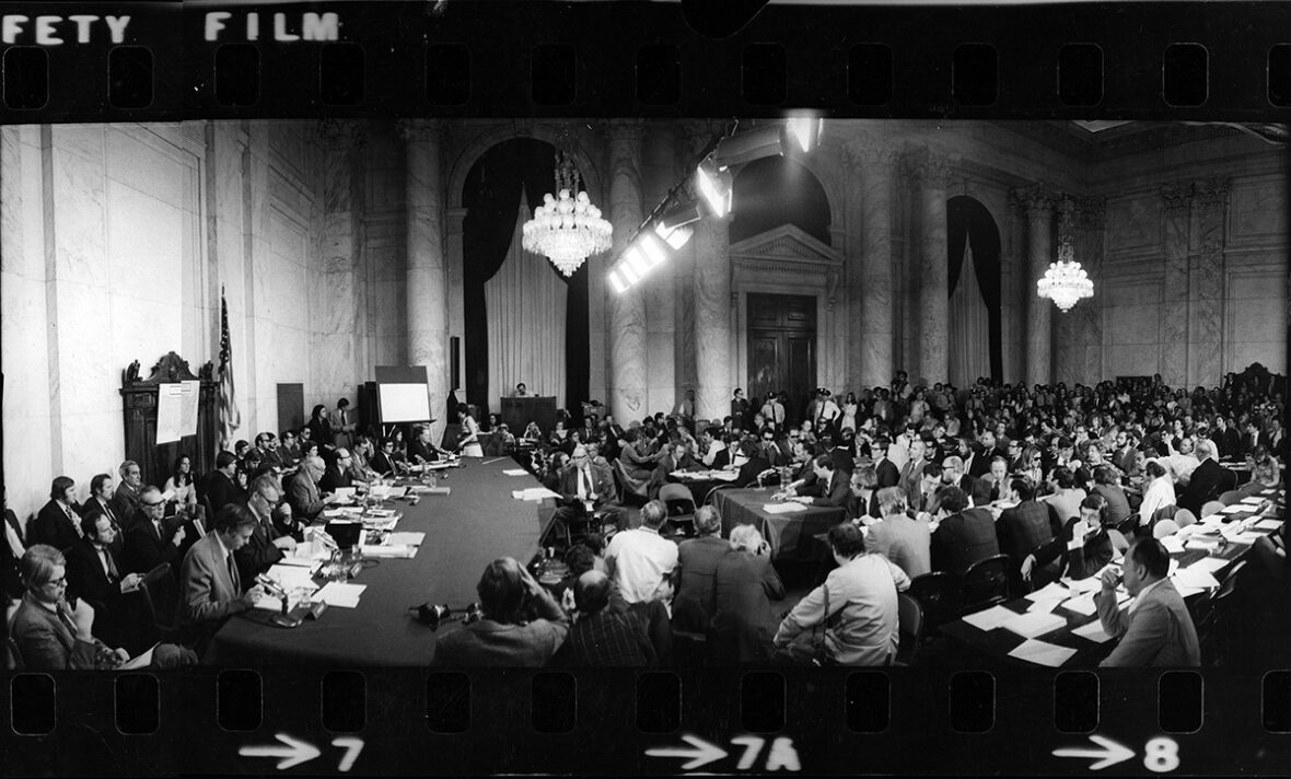 The Watergate Hearings held in the Senate Caucus Room, U.S. Capitol. 1973. Shot with a Widelux camera.