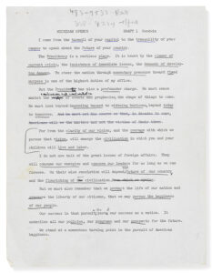 Draft of President Johnson's “Great Society” speech [first page], delivered May 22, 1964, at Ann Arbor, Michigan. Richard N. Goodwin Papers, courtesy of the Briscoe Center for American History.