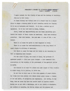 Draft of President Johnson's address to Congress on Civil Rights (“We Shall Overcome”), March 15, 1965 speech [first page]