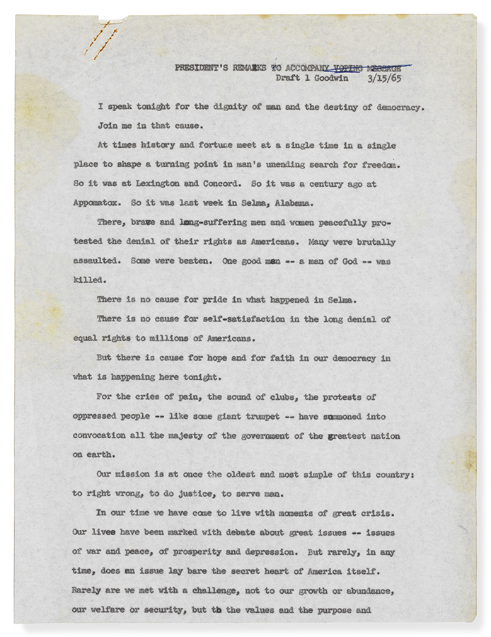 Draft of President Johnson's address to Congress on Civil Rights (“We Shall Overcome”), March 15, 1965 speech [first page]