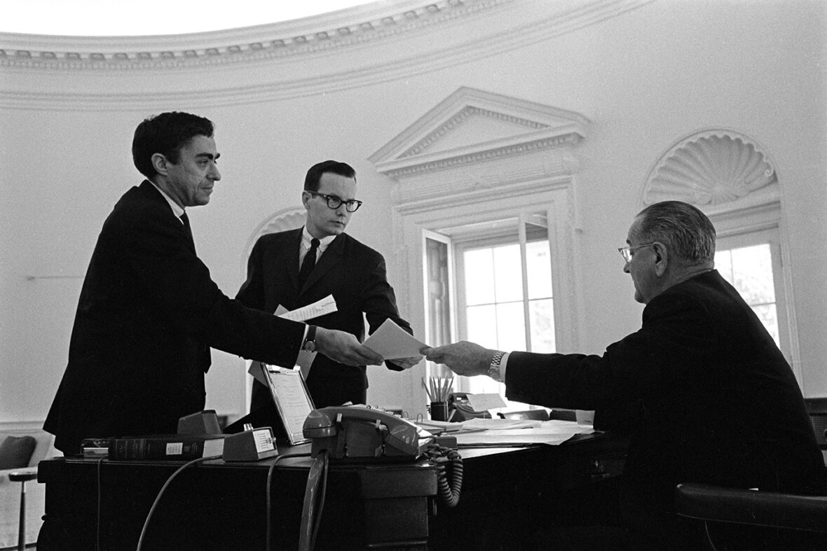 L-R: Ricahrd Goodwin, Bill Moyers, President Lyndon B. Johnson. Photo by Yoichi Okamoto, courtesy of the LBJ Presidential Library.