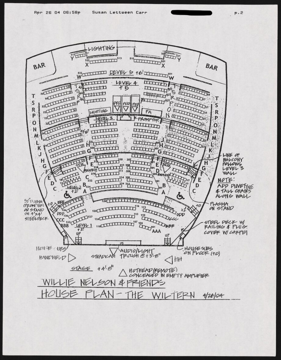 Production diagram for “Willie Nelson and Friends: Outlaws and Angels,” a concert held at The Wiltern in Los Angeles, May 5, 2004. Courtesy of the Don Mischer Papers, Briscoe Center for American History, The University of Texas at Austin.