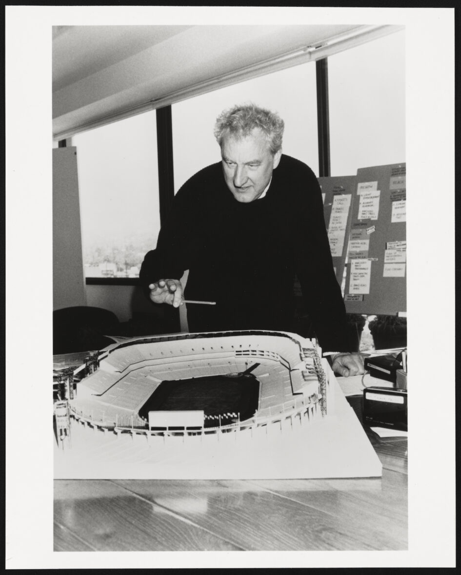 Don Mischer with model of baseball stadium, undated. Courtesy of the Don Mischer Papers, Briscoe Center for American History, The University of Texas at Austin.