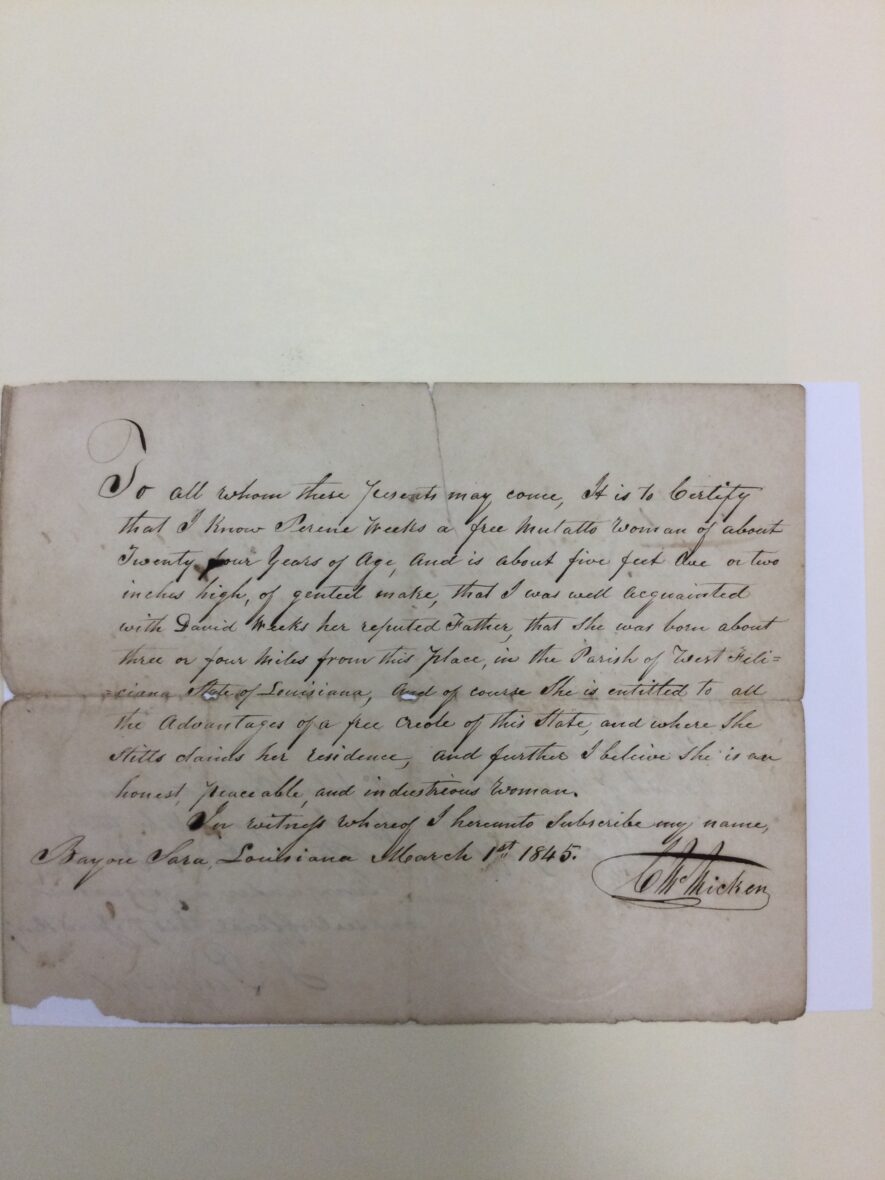 This document asserts that Susan Ann White, “a black woman aged about twenty three years” paid her enslaver, William Everett, $600 to obtain her freedom (about $19,000 today). Everett appeared before probate court and certified that “I do hereby acknowledge and for divers[e] services rendered me while sick and other causes and considerations me hereunto moving have emancipated set free and forever discharged and released from the bonds of slavery and do by these presents emancipate set free and forever discharge and release from the bonds of slavery the said Susan Ann White aged as aforesaid and able to work and gain a sufficient livelihood and maintenance.”