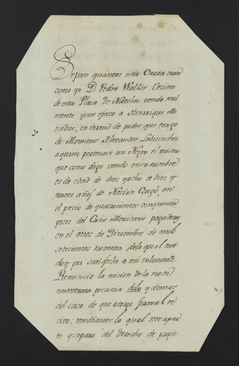 Announcement, in Spanish, of the sale of a slave in Natchez. 