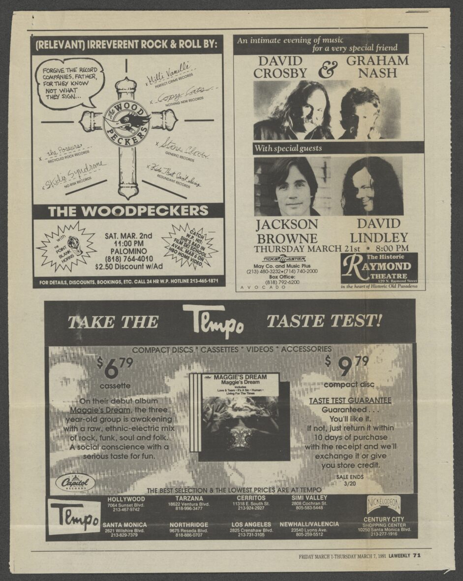 Newspaper add for Guacamole Fund fundraiser, including members of Crosby, Stills, and Nash.